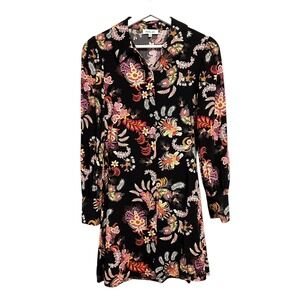 Another Love Shirt Dress Womens XS Black Floral Long Sleeve Mini Rayon Boho